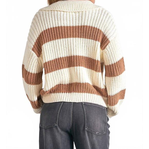 NEW ELAN striped v-neck collared sweater in camel - Picture 3 of 4